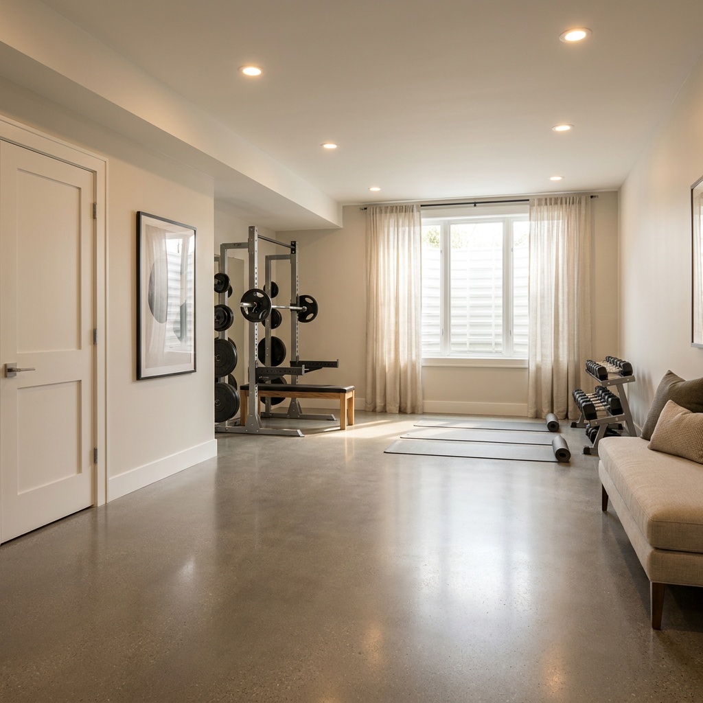 Polished concrete floor in a finished basement flex room