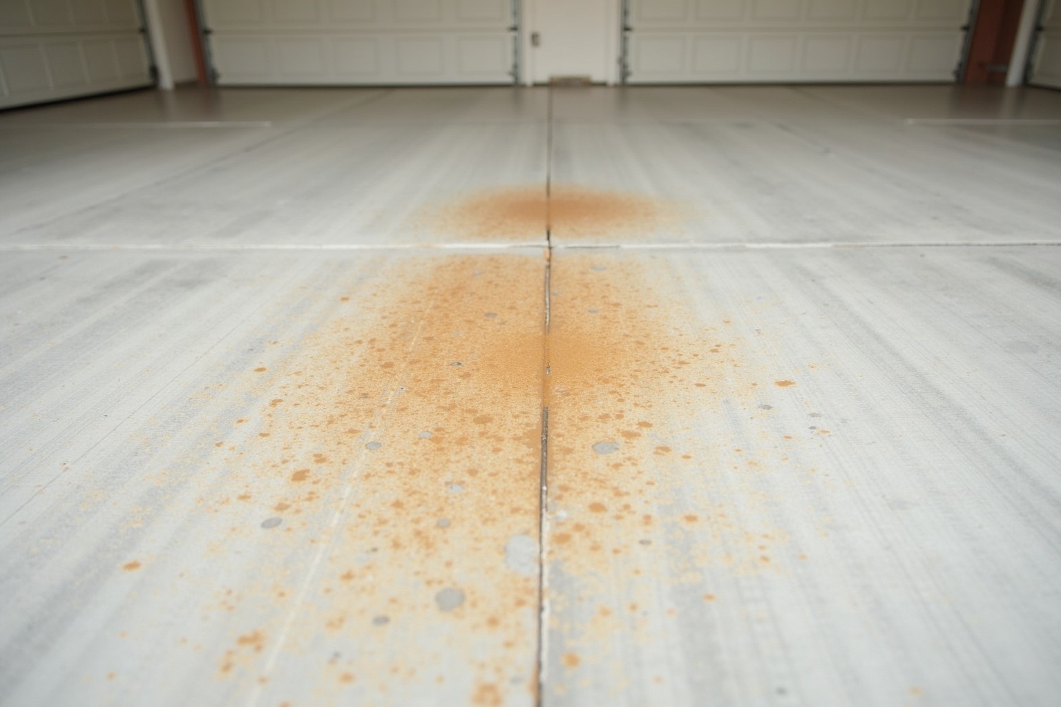 A gloved hand pours a clear liquid cleaner directly onto a persistent orange rust patch on grey concrete. The surrounding floor shows realistic worn textures under intense, cinematic garage lighting.