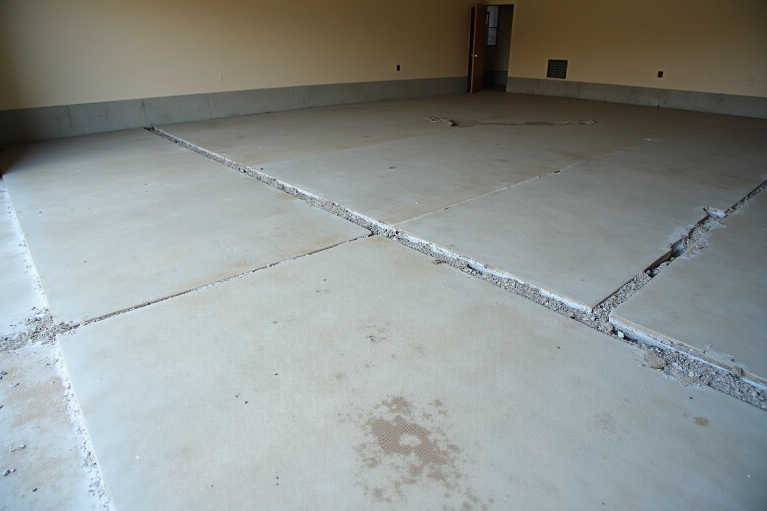 Close-up angle of a concrete garage floor mid-grinding, an industrial grinder head visible at the edge of frame, exposing a s