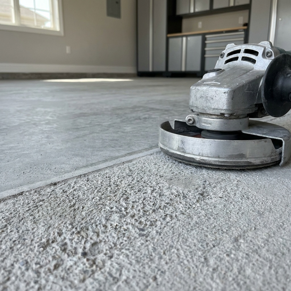 Close-up angle of a diamond grinder resting on a partially ground concrete garage slab, showing the transition line between r