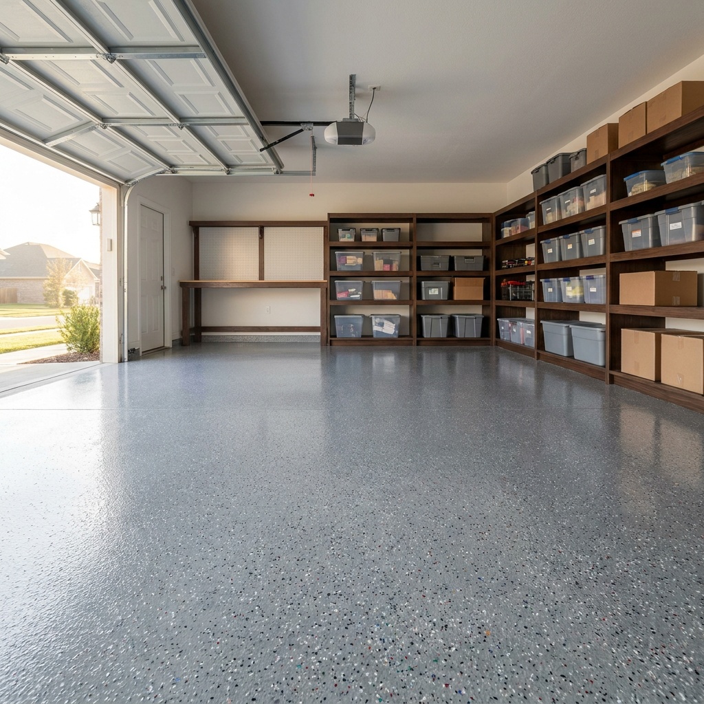 A freshly coated garage floor with a glossy gray epoxy flake finish, soft morning light through the open garage door, no cars