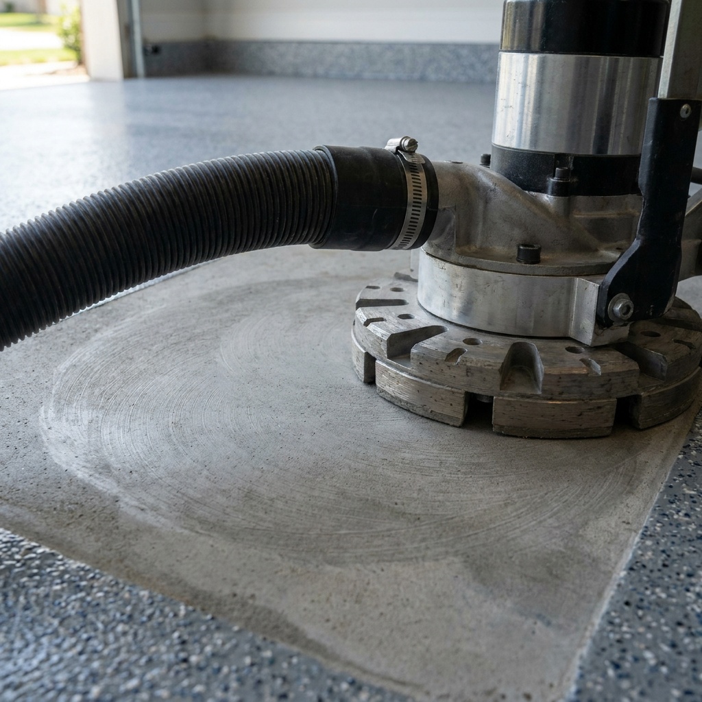 Close-up shot of a concrete floor mid-grind, diamond grinder head visible against exposed gray concrete with a faint swirl pa
