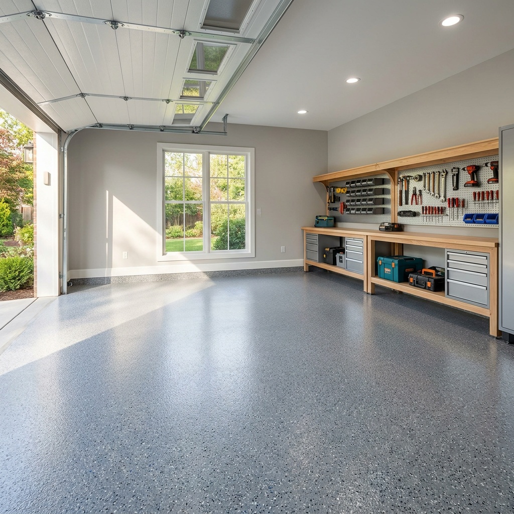 A finished garage floor coated in a satin gray polyaspartic flake system, sunlight through the open garage door, clean tool b