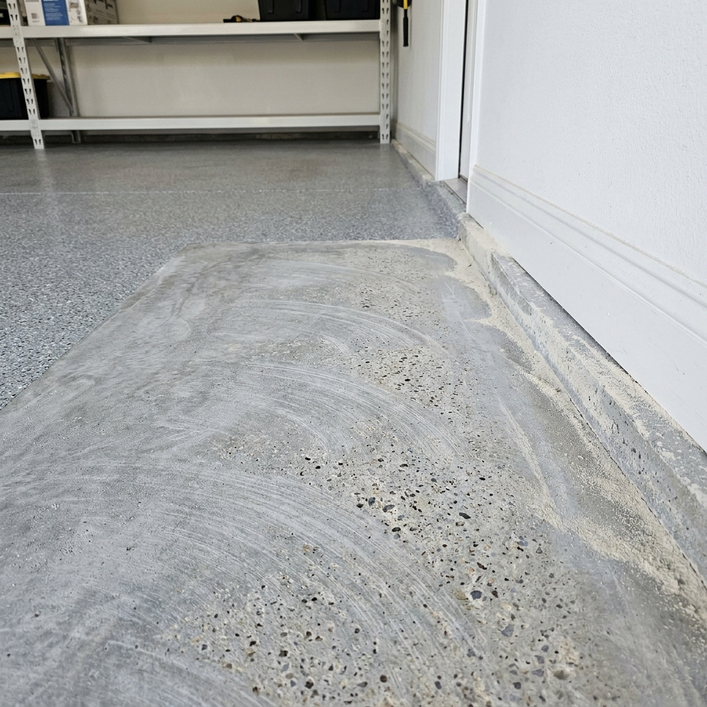 Close-up angled shot of a concrete garage floor mid-preparation, showing a visible mechanically ground surface with light swi