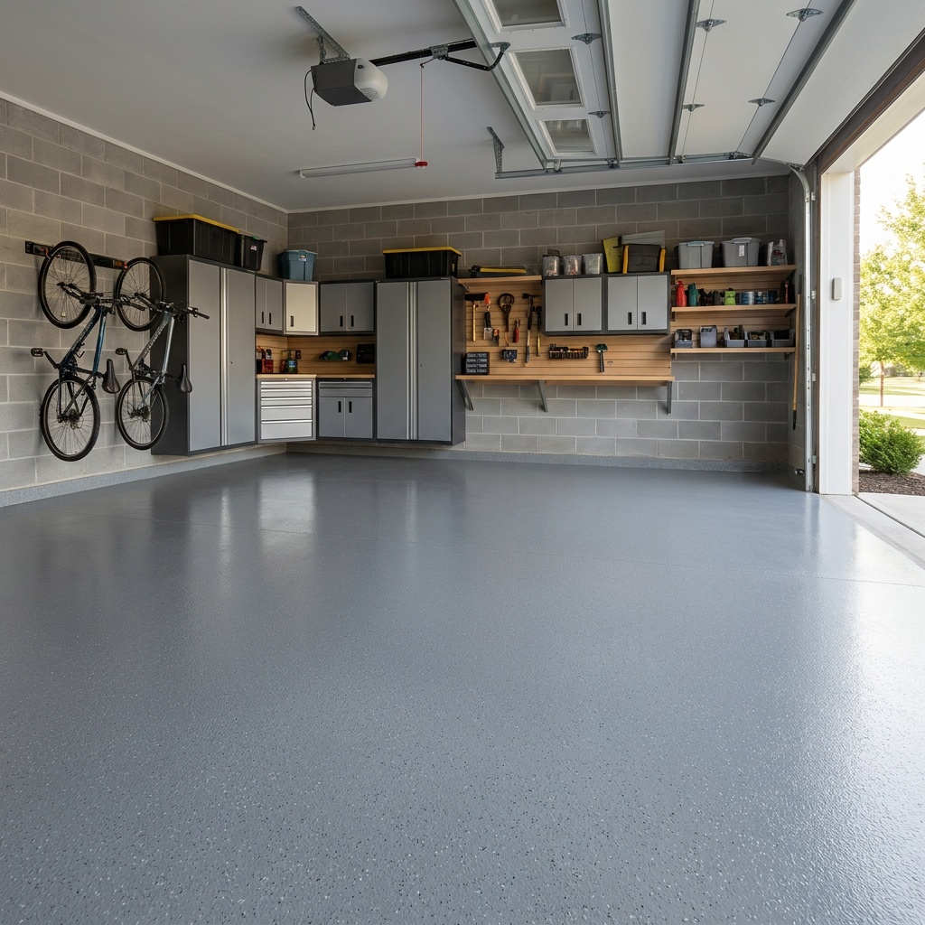 A clean two-car garage with a freshly coated gray epoxy floor reflecting soft daylight from the open door, concrete walls, no