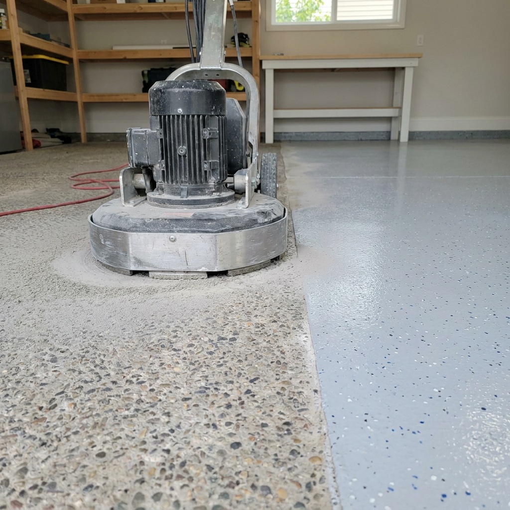 Close-up angle of a diamond grinder resting on a bare concrete slab mid-prep, visible ground concrete profile with fine dust 