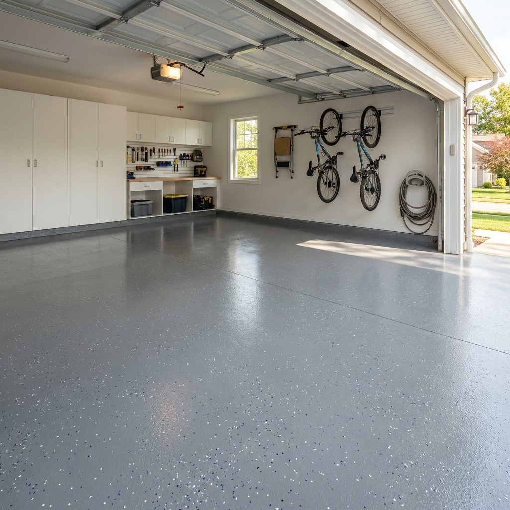 A finished garage floor with a smooth gray polyaspartic coating and subtle satin sheen, wide angle showing the full garage in