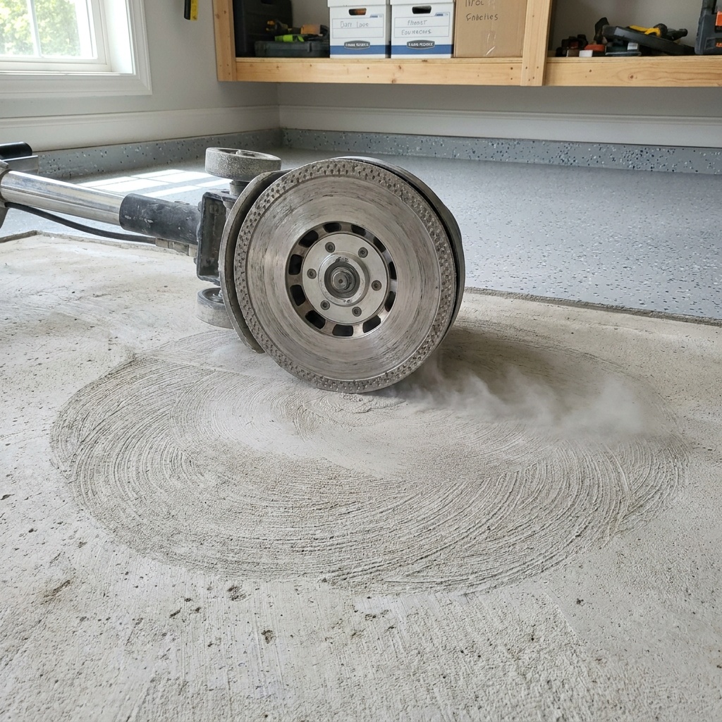 Close-up angle of a diamond grinder head mid-pass on bare concrete, visible swirl marks and fine gray dust trail on the slab,