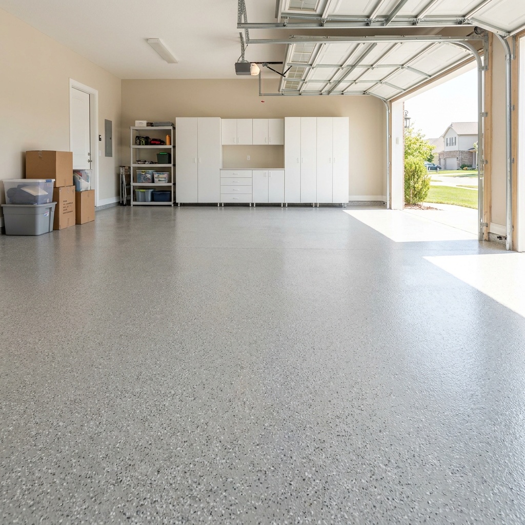 A finished garage floor with a smooth gray epoxy coating and light gray flake broadcast, clean and even under bright daylight