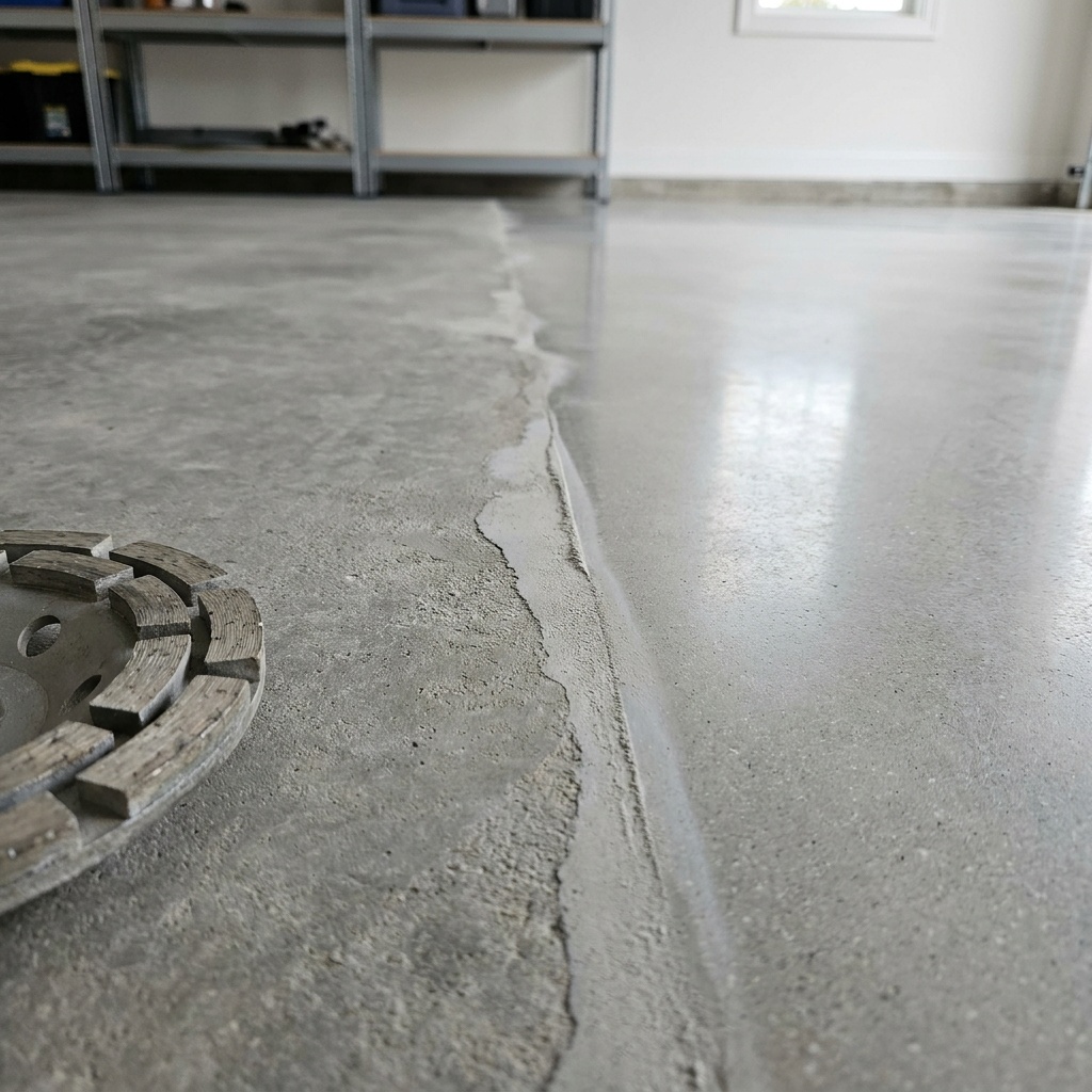 Close-up angle of a concrete floor mid-grind, diamond grinder pad visible at edge of frame, half the slab dull and gray, half