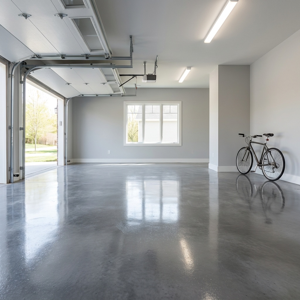 A finished garage interior with a glossy, gray polished concrete floor reflecting overhead light, clean walls, parked bicycle