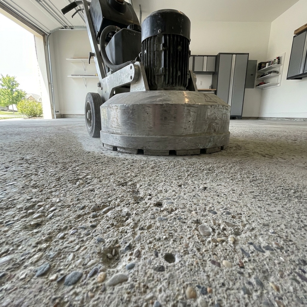 Close-up low-angle shot of a diamond grinder resting on a freshly ground concrete slab, exposed aggregate and open gray pores