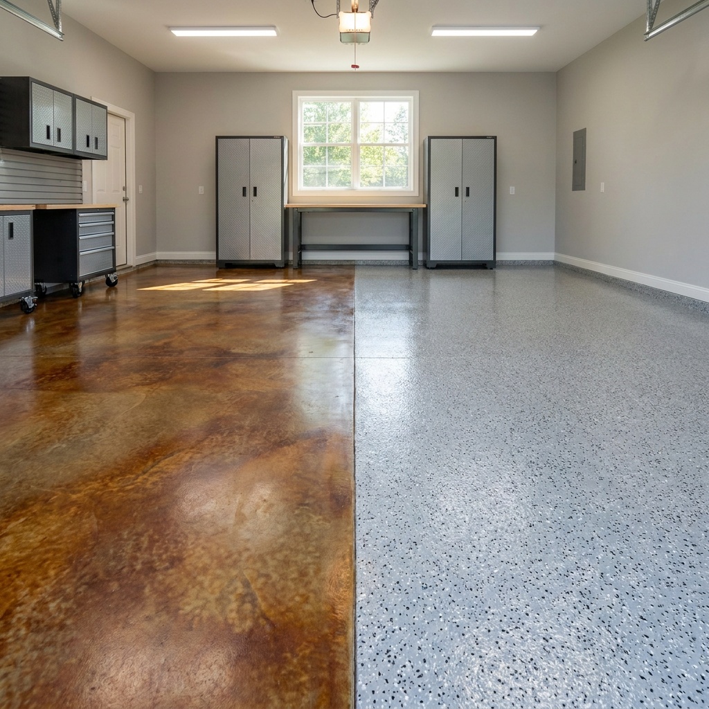 A finished garage floor shot at an angle showing one half with a mottled translucent acid-stained concrete look and the other